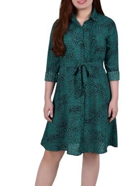 NWT NY Collection Teal Green Animal-Print Midi Shirt Dress